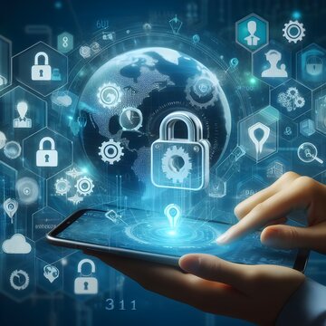 Wallpaper Illustration and background of cyber security data protection shield, with key lock security system, technology digital. Front view. Concept of database security software. 	