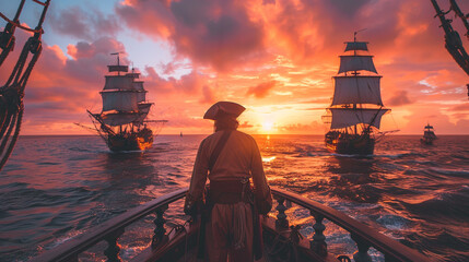 Pirate Watching Sunset Fleet in the Open Sea