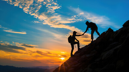 The concept of teamwork illustrated by the silhouette of a woman assisting her wife in reaching the top of a mountain, portraying an LGBT couple