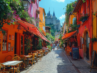 Vibrant and picturesque street view leading towards an ancient castle, embodying the charm of a...