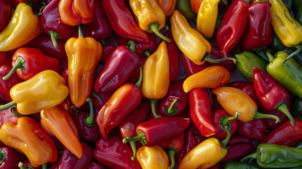 the vibrant hues and unique shapes of assorted chili peppers, ranging from mild to spicy varieties - obrazy, fototapety, plakaty