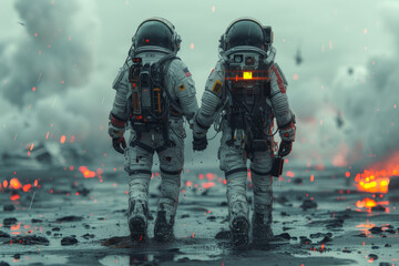 Astronaut couple holding hands, symbolizing love, romance, unity, partnership and companionship. Their suits are detailed and realistic, reflecting the latest in space exploration gear