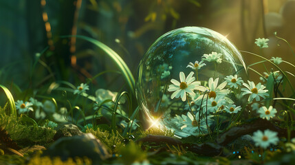 Obraz na płótnie Canvas Glowing Soap Bubble with Daisies in a Magical Forest