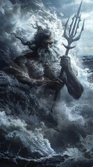 Realistic Greek god Poseidon with dramatic and wrathful look holding his trident on a stormy sea and raging sky, stirring massive waves. Ocean water swirls around him