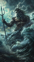 Realistic Greek god Poseidon with dramatic and wrathful look holding his trident on a stormy sea and raging sky, stirring massive waves. Ocean water swirls around him - obrazy, fototapety, plakaty