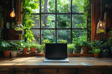 Serene home office nestled in a lush indoor garden. Wooden desk with a laptop is surrounded by a variety of green plants and hanging terrariums. Work environment that blends productivity with peace.