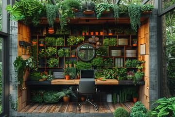 Serene home office nestled in a lush indoor garden. Wooden desk with a laptop is surrounded by a variety of green plants and hanging terrariums. Work environment that blends productivity with peace.