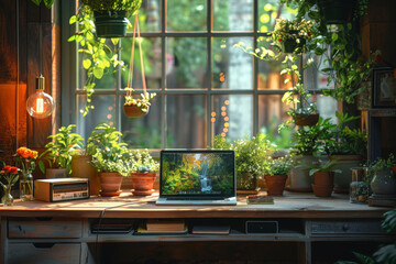 Fototapeta na wymiar Serene home office nestled in a lush indoor garden. Wooden desk with a laptop is surrounded by a variety of green plants and hanging terrariums. Work environment that blends productivity with peace.