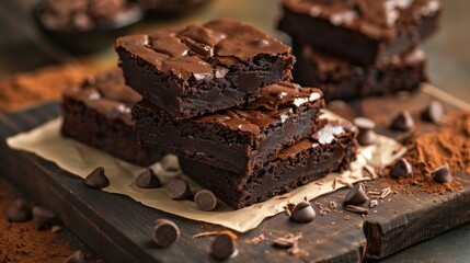 A pile of rich chocolate brownies neatly arranged on a wooden cutting board. - obrazy, fototapety, plakaty