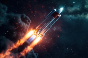  a rocket launch fiery engines propelling it into the night sky