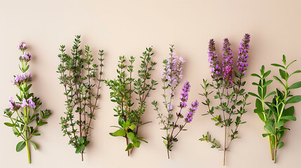 the vibrant hues of different varieties of thyme against a neutral background - obrazy, fototapety, plakaty