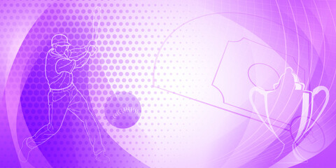 Baseball themed background in purple tones with abstract dots and curves, with silhouettes of a baseball field, cup, ball and batsman