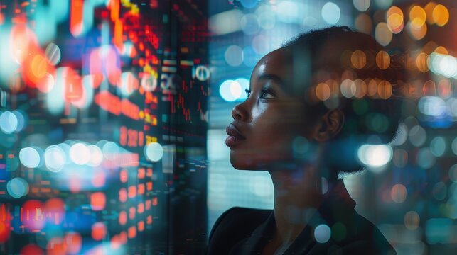 Attractive black woman trader and stock market analyst in suit dreaming about market behavior and forecast in crisis.