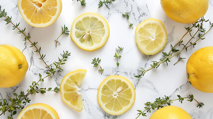 the vibrant hues of fresh lemon thyme against a white marble backdrop - obrazy, fototapety, plakaty