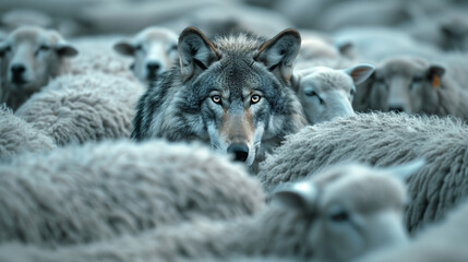 A Wolf Hiding Among a Flock of Sheep. Being Sneaky, Hiding in the Herd, and Wearing a Disguise. Deceit and Trickery. Hidden Danger. - obrazy, fototapety, plakaty