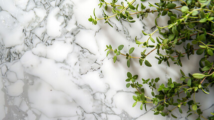 the vibrant hues of fresh lemon thyme against a white marble backdrop