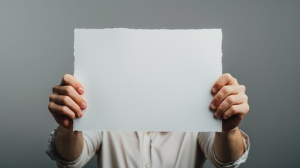 Man holding a piece of paper in front of her face with both hands.