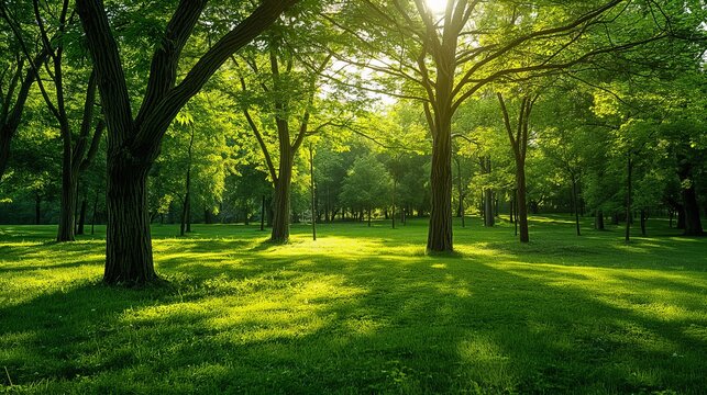 The suns rays illuminate the lush green trees in the park.