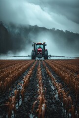Fototapeta premium a tractor sprays pesticide on a field, in the style of massurrealism, light red and dark green, bold saturation innovator, organic realism, quantumpunk, photorealism, photography, golden ratio composi