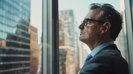 Financial inspector studies business fiscal records and resources to counsel board of directors on ways to boost economic performance and efficiency. Analyst glances out the window at downtown area.