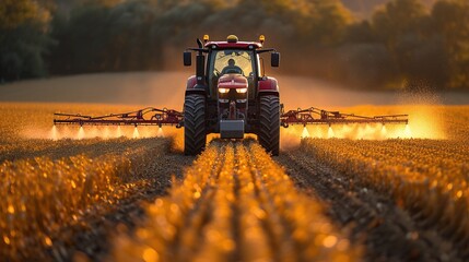 a tractor sprays pesticide on a field, in the style of massurrealism, light red and dark green, bold saturation innovator, organic realism, quantumpunk, photorealism, photography, golden ratio composi