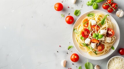 Italian lunch with a portion of spaghetti with tomatoes, mozzarella and basil leaves and arugula salad. Copy space, light grey background.