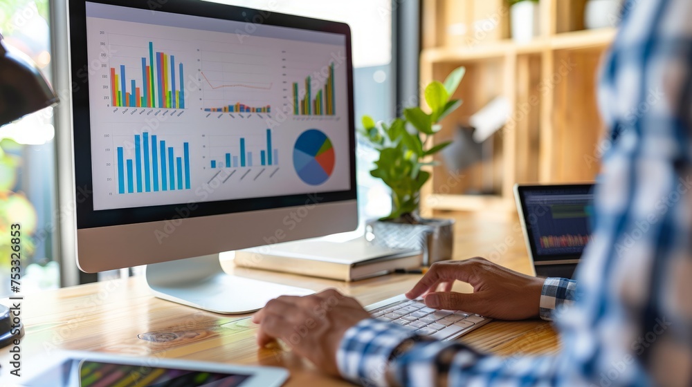 Poster sales consultant working on development strategy with business charts and data statistics on compute