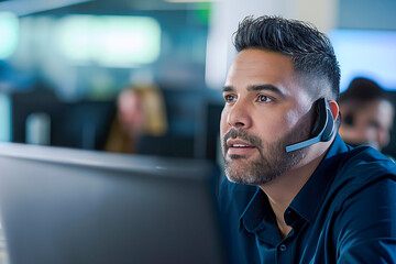 Male customer service executive working at the office. Consulting corporate clients in conversation with customers using computers. Service desk consultant talking in a call center.