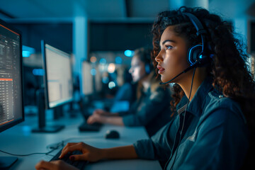 Female customer service executive working at the office. Consulting corporate clients in conversation with customers using computers. Service desk consultant talking in a call center.