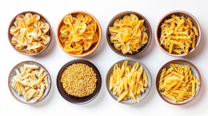 Set of various types of pasta in bowl, isolated on white background, top view
