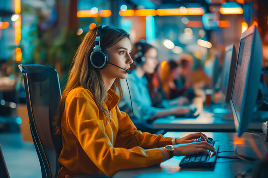 Female customer service executive working at the office. Consulting corporate clients in conversation with customers using computers. Service desk consultant talking in a call center.