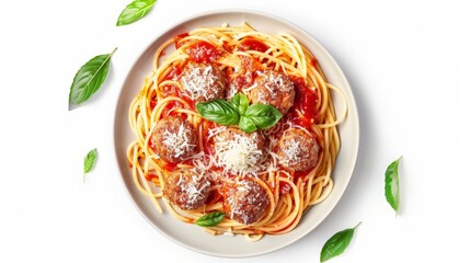 Spaghetti with meatballs, parmesan and tomato sauce on a plate. Tasty Italian pasta food. Top view shot above isolated on white background. - obrazy, fototapety, plakaty