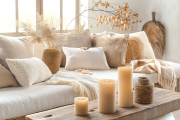 Fototapeta na wymiar Cozy and stylish living room interior. Couch with decorative cushions in pastel neutral colors and wooden table with candles, vase with dry plants and natural decorations.