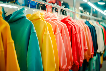 Colorful hoodies and sweatshirts hang on hangers in clothing store