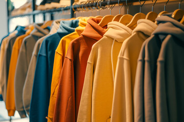 Colorful hoodies and sweatshirts hang on hangers in clothing store - obrazy, fototapety, plakaty