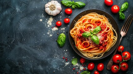 Fototapeta na wymiar Spaghetti with Pork Tomato Sauce, Tomato Sauce and Basil on dark background. Top view.