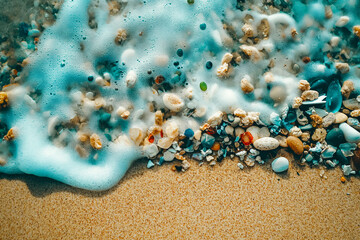 Closeup to sea ocean beach sand with micro plastics. Top down view. Environment, pollution, plastic waste concept