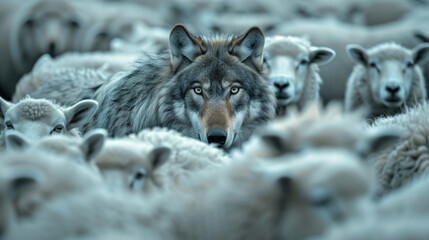 A Wolf Hiding Among a Flock of Sheep. Being Sneaky, Hiding in the Herd, and Wearing a Disguise. Deceit and Trickery. Hidden Danger. - obrazy, fototapety, plakaty
