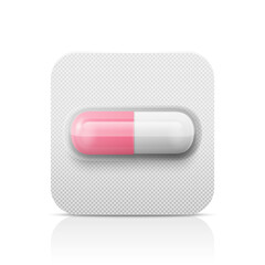 Vector Realistic Pharmaceutical Medical Pink Pill, Vitamins, Capsule in Blister Closeup Isolated. Pill in Blister Packaging Design Template. Front View. Medicine, Health Concept