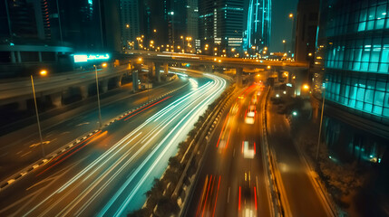 Fototapeta na wymiar Cars lights on the road of modern city at night time. Timelapse, hyperlapse of transportation. Motion blur, light trails, abstract soft glowing lines