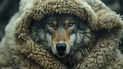 A Wolf Wearing Sheep's Clothing. Being Sneaky, Hiding in the Herd, and Wearing a Disguise. Deceit and Trickery. - obrazy, fototapety, plakaty