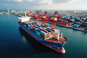 Fototapeta premium Aerial view of a large cargo ship loaded with containers at a bustling industrial port.