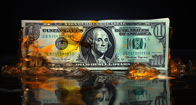 A vividly colored U.S. ten-dollar bill surrounded by melting ice cubes, reflecting in water below.