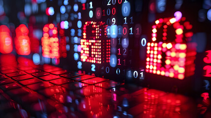 A computer keyboard featuring a unique design with numbers in a light electric blue font. The pattern resembles automotive lighting with tints and shades. Made with advanced display device technology