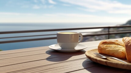 Coffee and croissants on a wooden terrace overlooking the sea