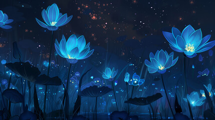 Glowing Blue Flowers - obrazy, fototapety, plakaty