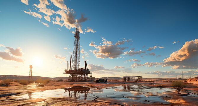 A solitary oil drilling rig stands against the setting sun in a vast desert landscape, reflecting in a water puddle.