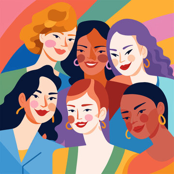 Young diverse group of women, friends together. Happy cheerful gen z people take selfie photo, colorful vector