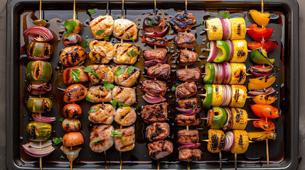 Top view of a tray of assorted skewers for grilling