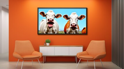 three quarter view photography of two very excited cows talking face-to-face with great excitement, wearing human casual clothes, medical wait room, orange wall, landscape in a frame, high quality